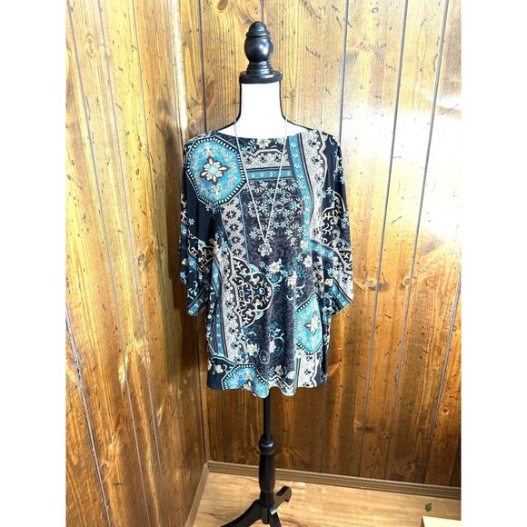 Chicos Womens XXL Paisley Floral Print Tunic Top With Necklace Black Teal - Picture 2 of 9